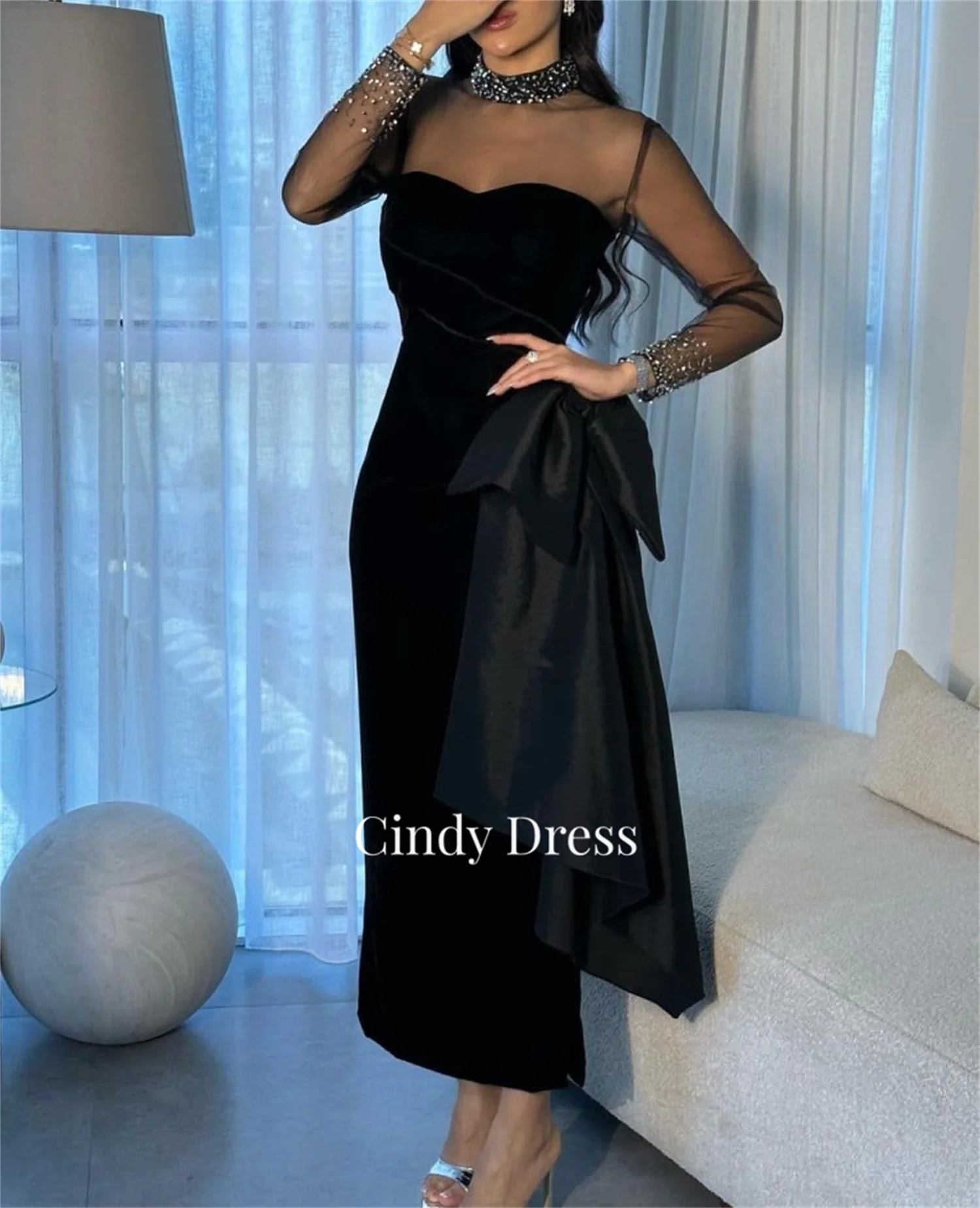 Party Dress Medium Length Black Velvet Grace Cocktail Dubai Luxury Evening Formal Bride Dresses Wedding Elegant Women Customized