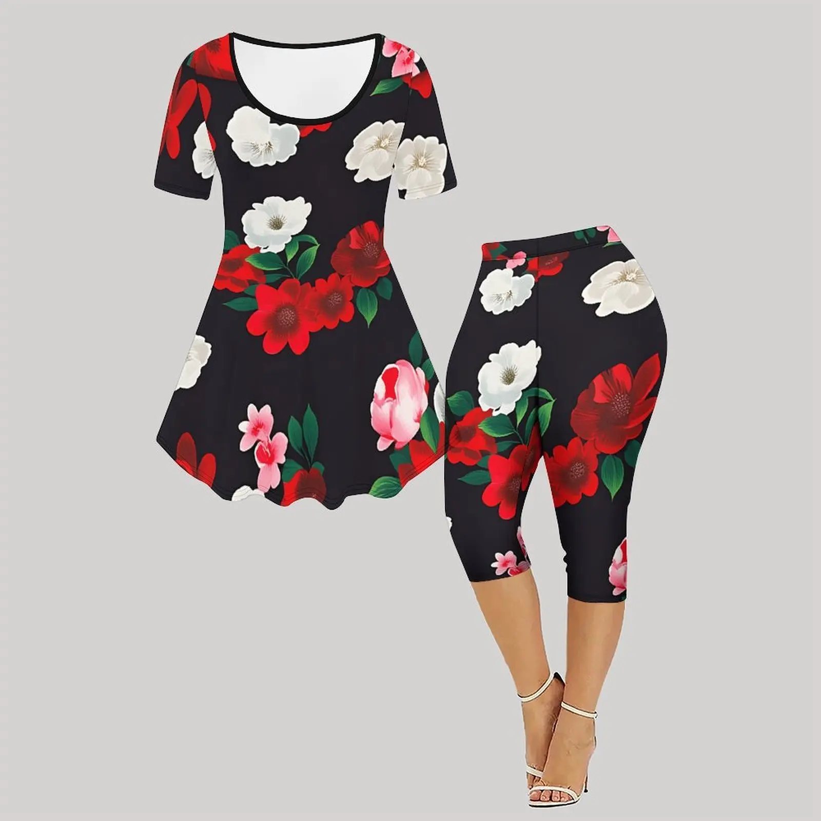 2pcs Casual Jogger Pants  Slim Sport Pants Ladies Printed Pants Daily Fashion Leggings Set  Women's Top Round Neck Short Sleeve