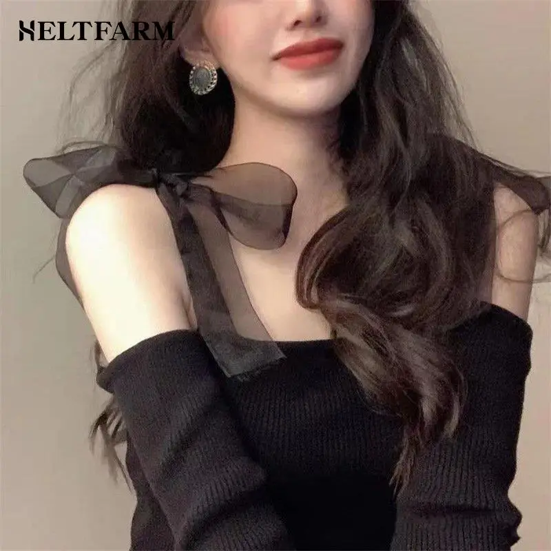 Women Casual Tops Off Shoulder Bow Strap Sexy Solid Color Knitted Pullover