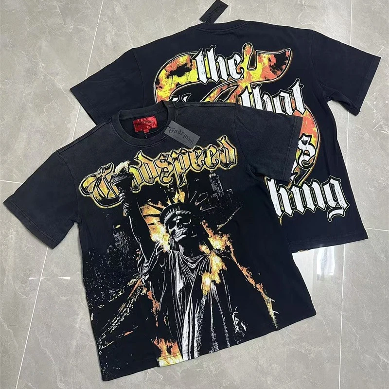 

Oversized God Speed Tshirts Skull Print American Streetwear Men Women 1:1 Best Quality Pure Cotton Black Wash T Shirts