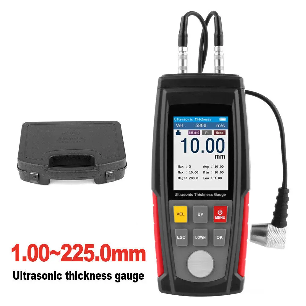 HOLDPEAK WT100A Digital Ultrasonic Thickness Gauge Meter Tester 1.0-225mm Tool for Metal Glass, with Data hold,Alarm Set