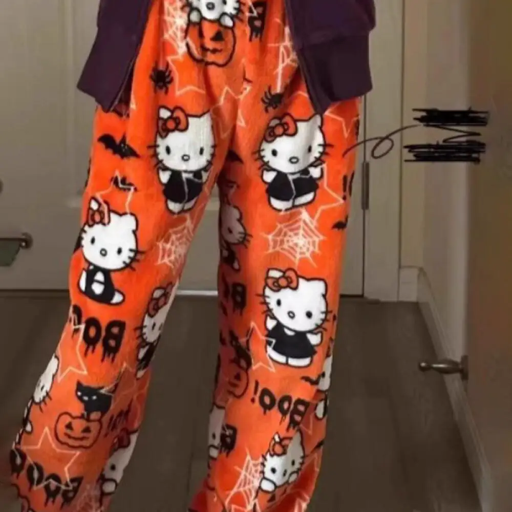 

Коралловые бархатные пижамные брюки «Hello Kitty», мультяшная тыква, ведьма, котенок, домашние повседневные пижамные штаны с граффити, подарки на Хэллоуин