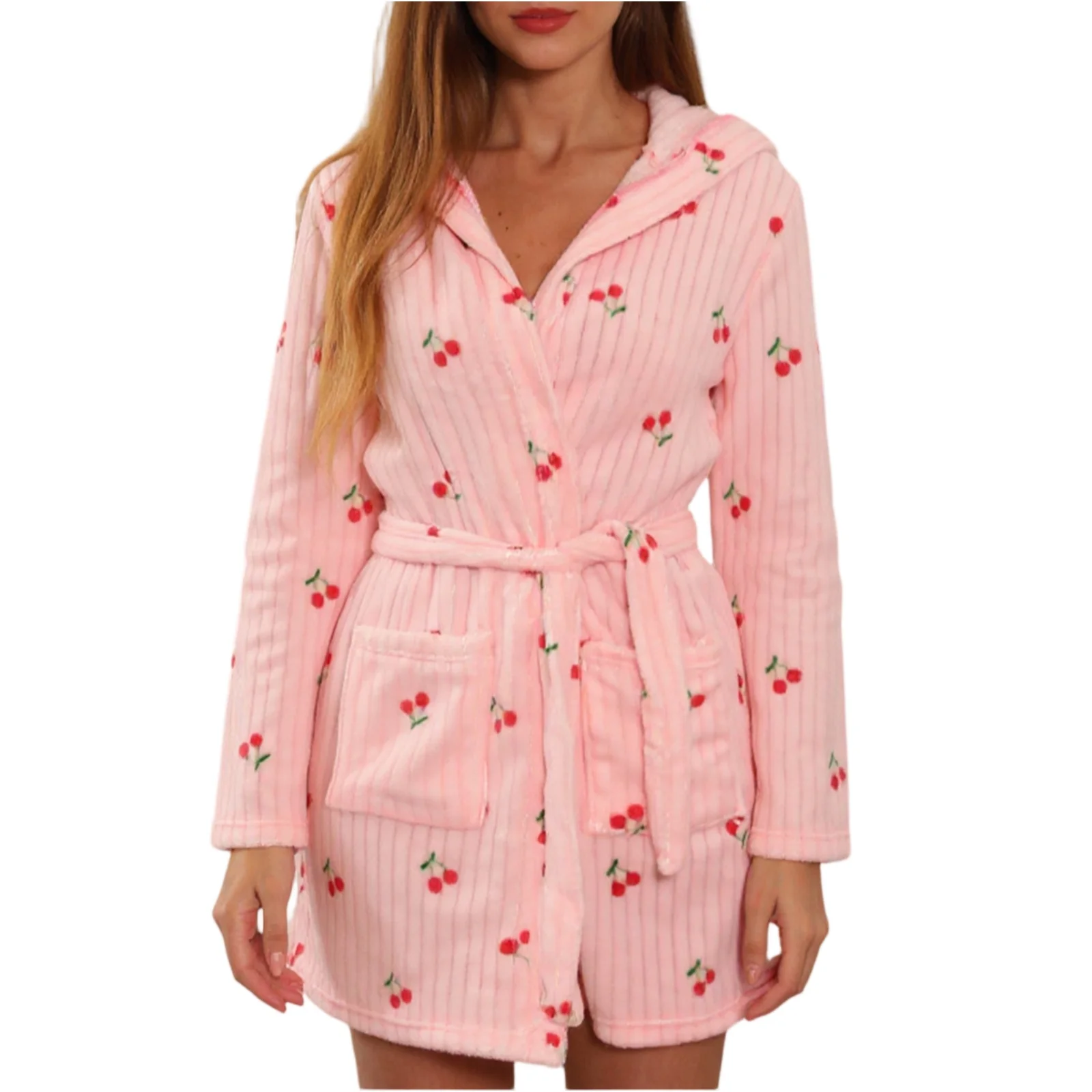 

Women's V-neck Long Sleeve Mid-weight Polyester Pure Color Coral Fleece Open Cardigan Robe Nightgown Comfortable Home Clothes