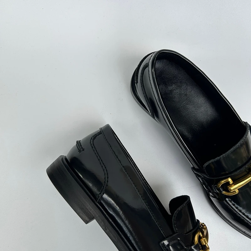 Jenny&Dave 2024 Autumn New Shoes Retro Black Leather Loafers Women Ladies British Fashion Metal Buckle Flat Shoes