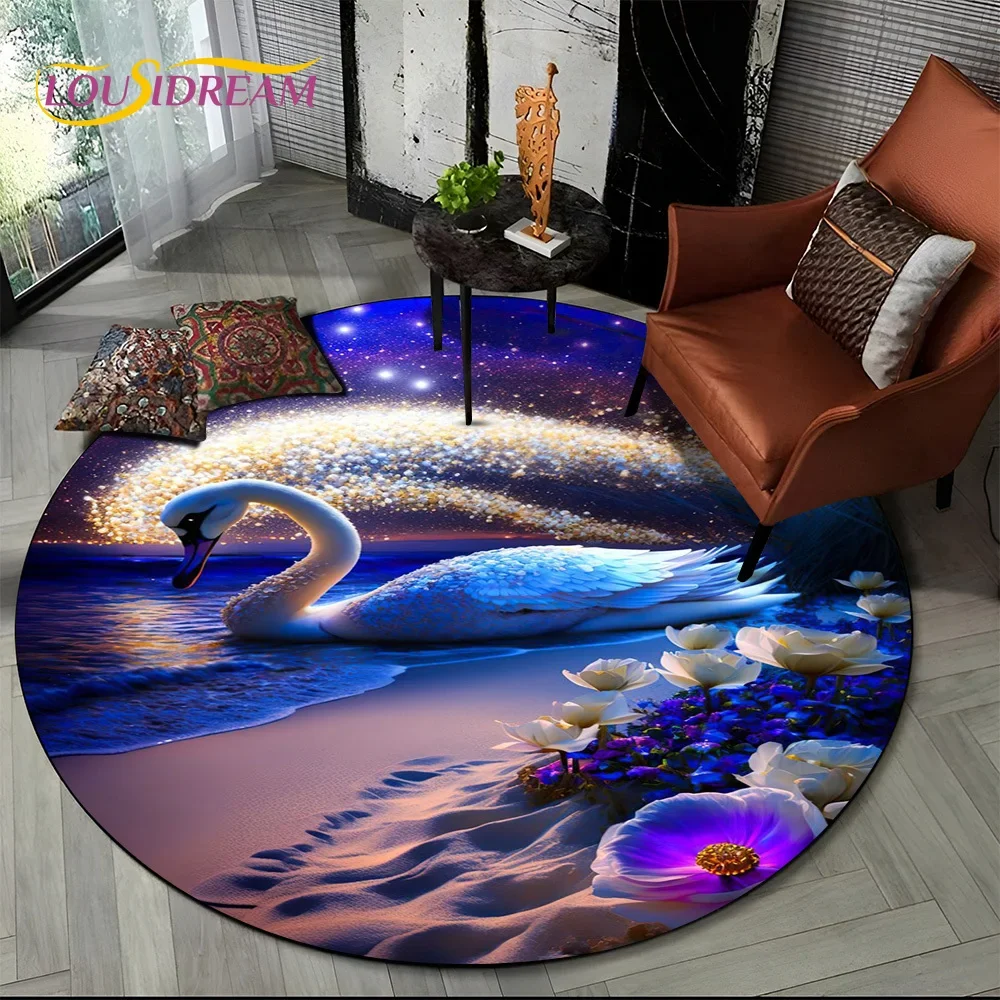 3D Dream Love Swan Cartoon Cygnus Girl Gift Round Carpet Rug for Living Room Bedroom Child Decor,Pet Area Rug Non-slip Floor Mat