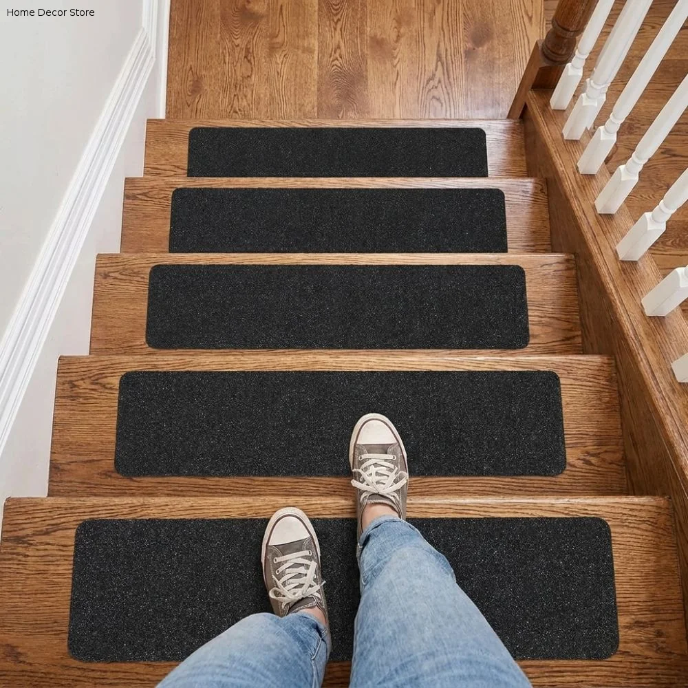 6Pcs Black Frosted Self‑Adhesive Stair Tread Mat Self-Stick Waterproof Anti-Slip Stair Treads Pre-Cut Wear-Resistant