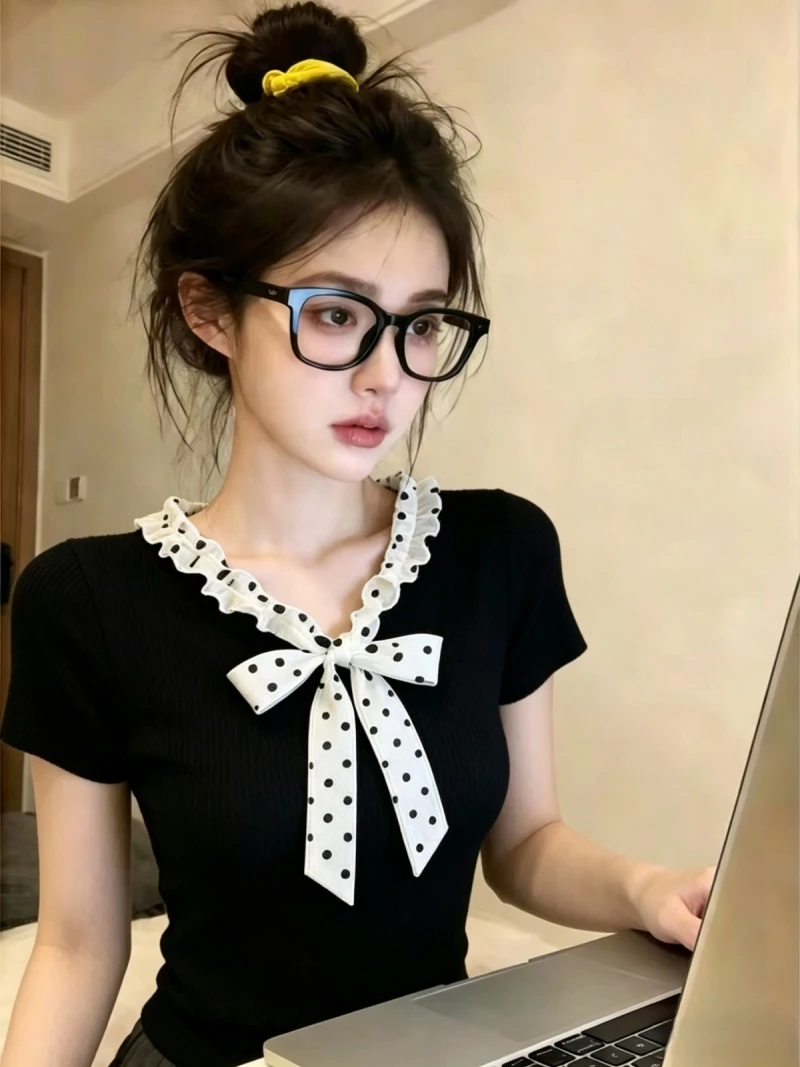 

Beautiful Knitted Summer Top with Bow Tie Polka Dot Short Sleeve Women's Fashionable Gentle Style Korean Straight Cut Silk