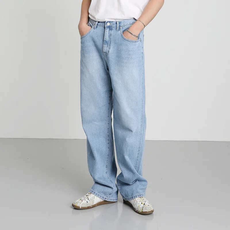 

2025 Korean New Fashion Men's Washed Wide Leg Straight Casual Trendy Blue Jean Trousers Male Denim Pants Streetwear Clothes