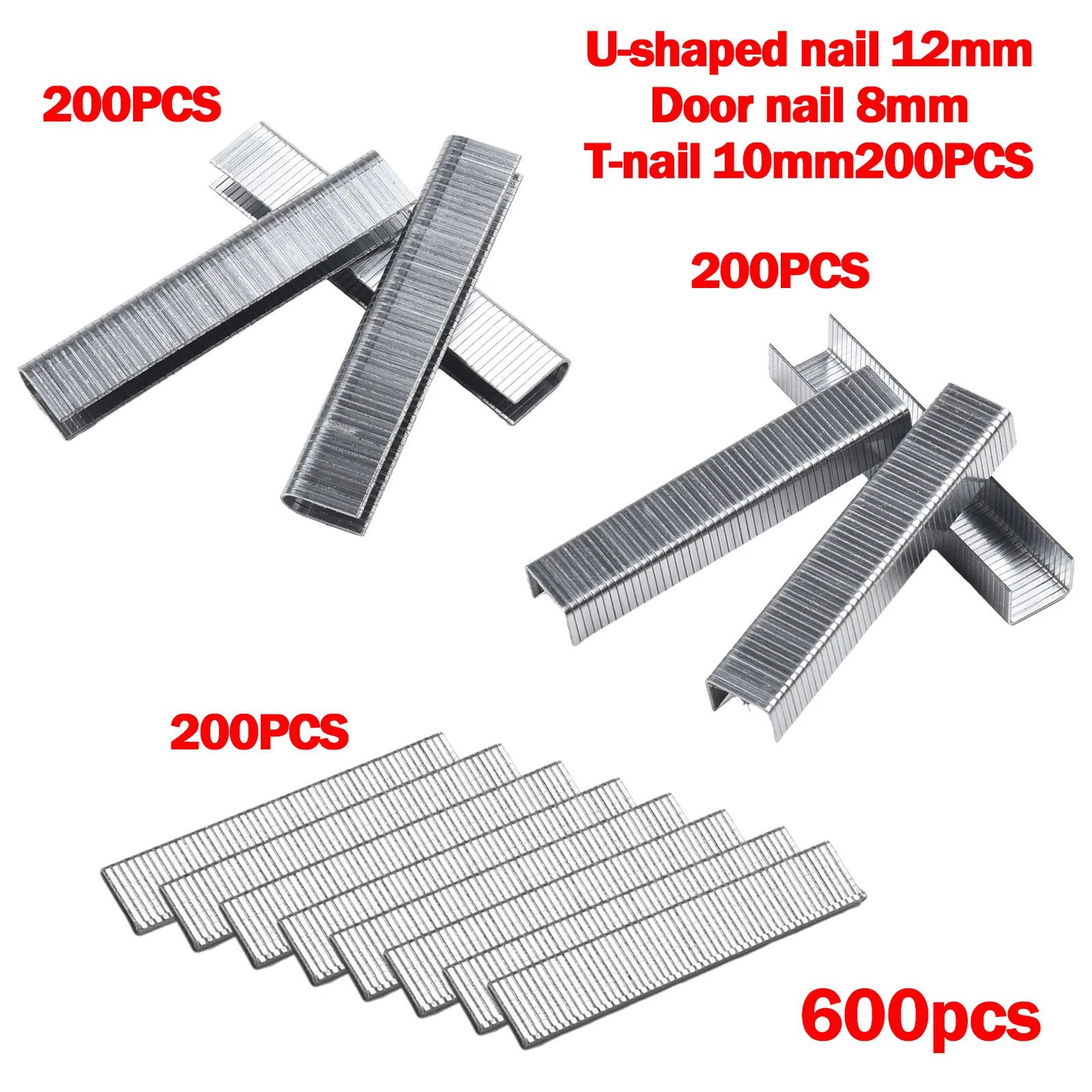 Prateado aço grampo unhas para carpintaria DIY, U, porta, em forma de T, prático de usar, novo, excelente vida útil, 600 pcs