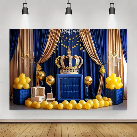Royal blue and gold King Crown 1 birthday party background banner, polyester multi-functional decoration Prince shower