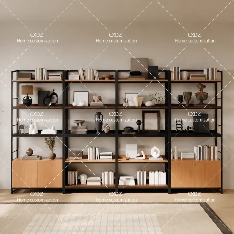 Modern Solid Wood Floor Shelf Bookshelf for Living Room Western Dining Display Rack Study Wrought Iron Multi Layer Storage