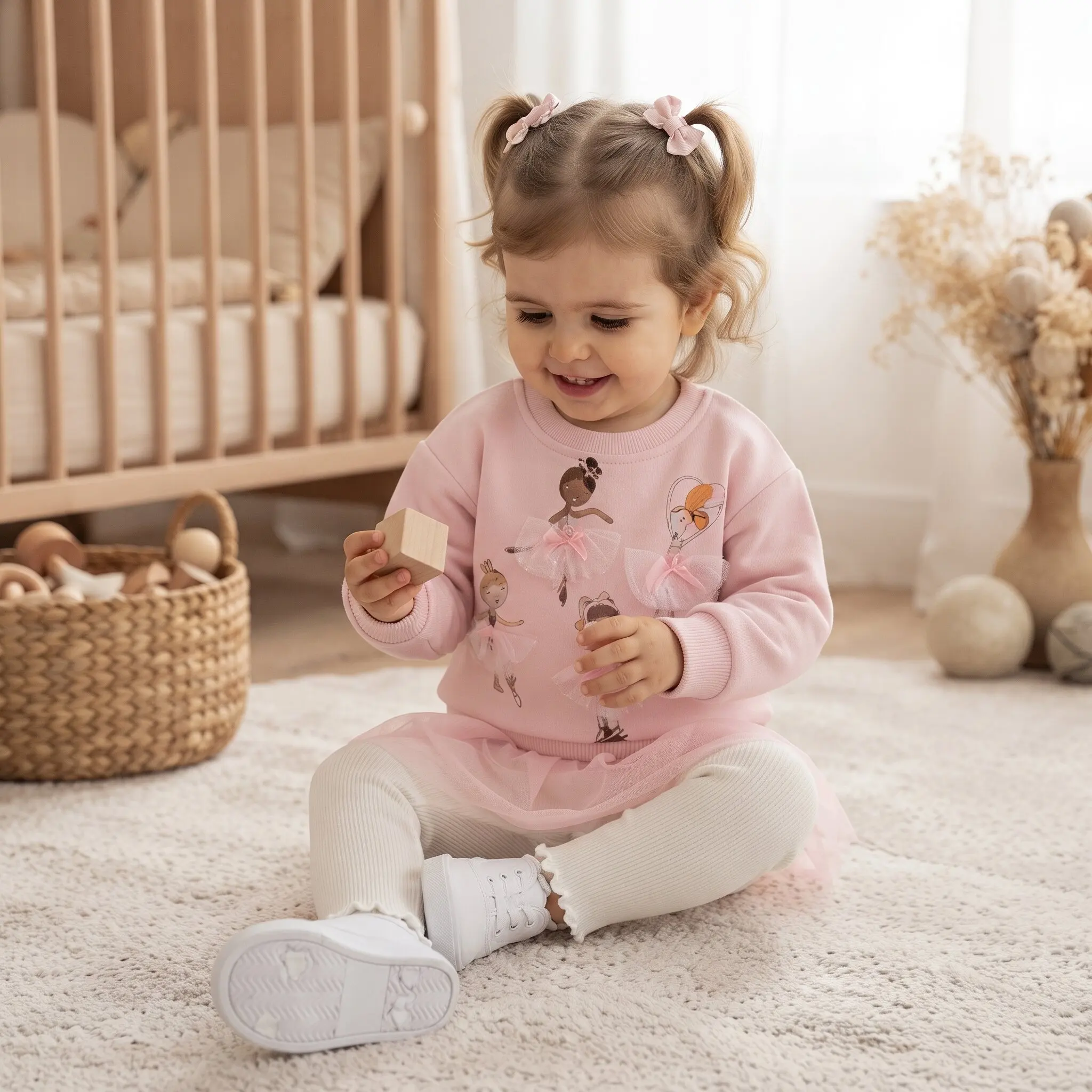 Baby Girls Pink Ballet‑Dancer Print Sweatshirt With Tulle Hem, Toddler Long‑Sleeve Top White Ruffle Leggings 2‑Piece Outfit