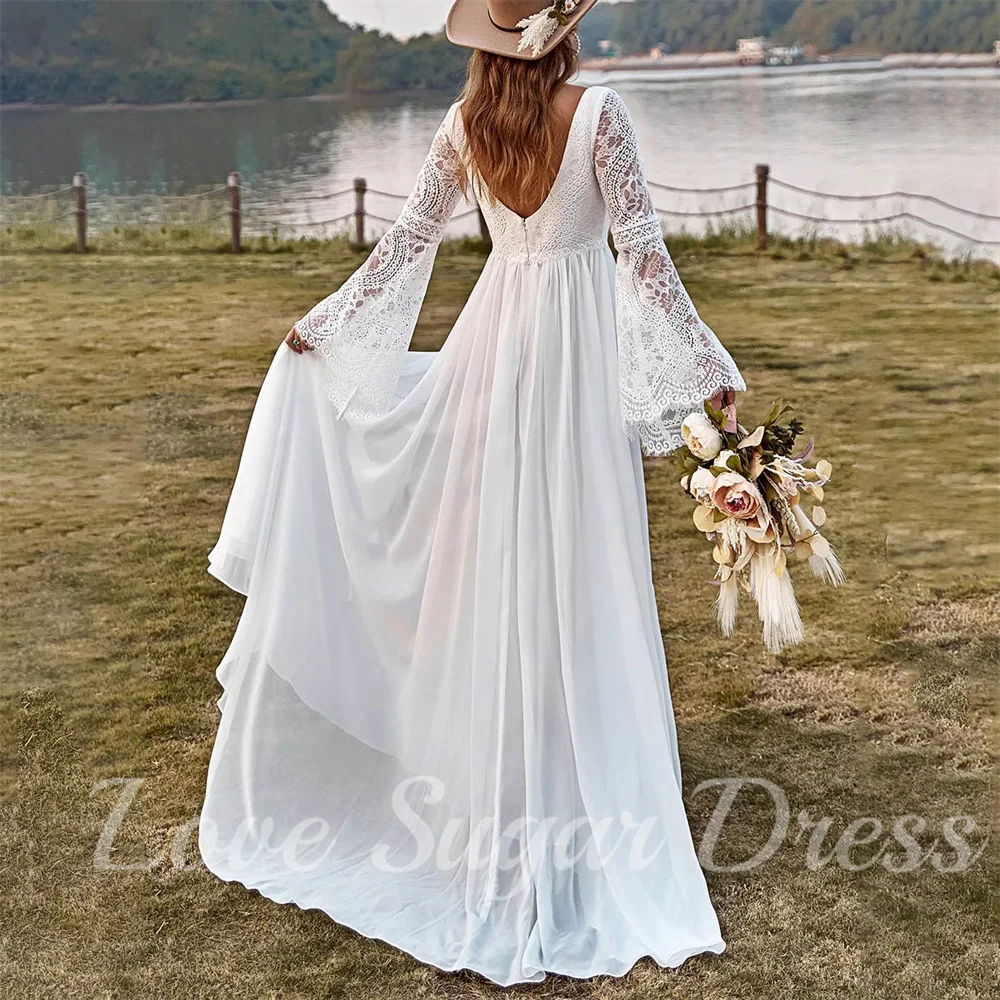 Boho A Line Wedding Dresses Full Sleeves V Neck Bridal Gowns Sexy Slit Lace Applique Bride Dress Customsized vestidos para mujer