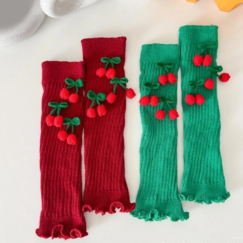 

Christmas Ruffled Leg Warmers Sweet Cherry Bowknot Knitted Boot Cuffs Toppers Festival Footless Socks for Women .A5KE