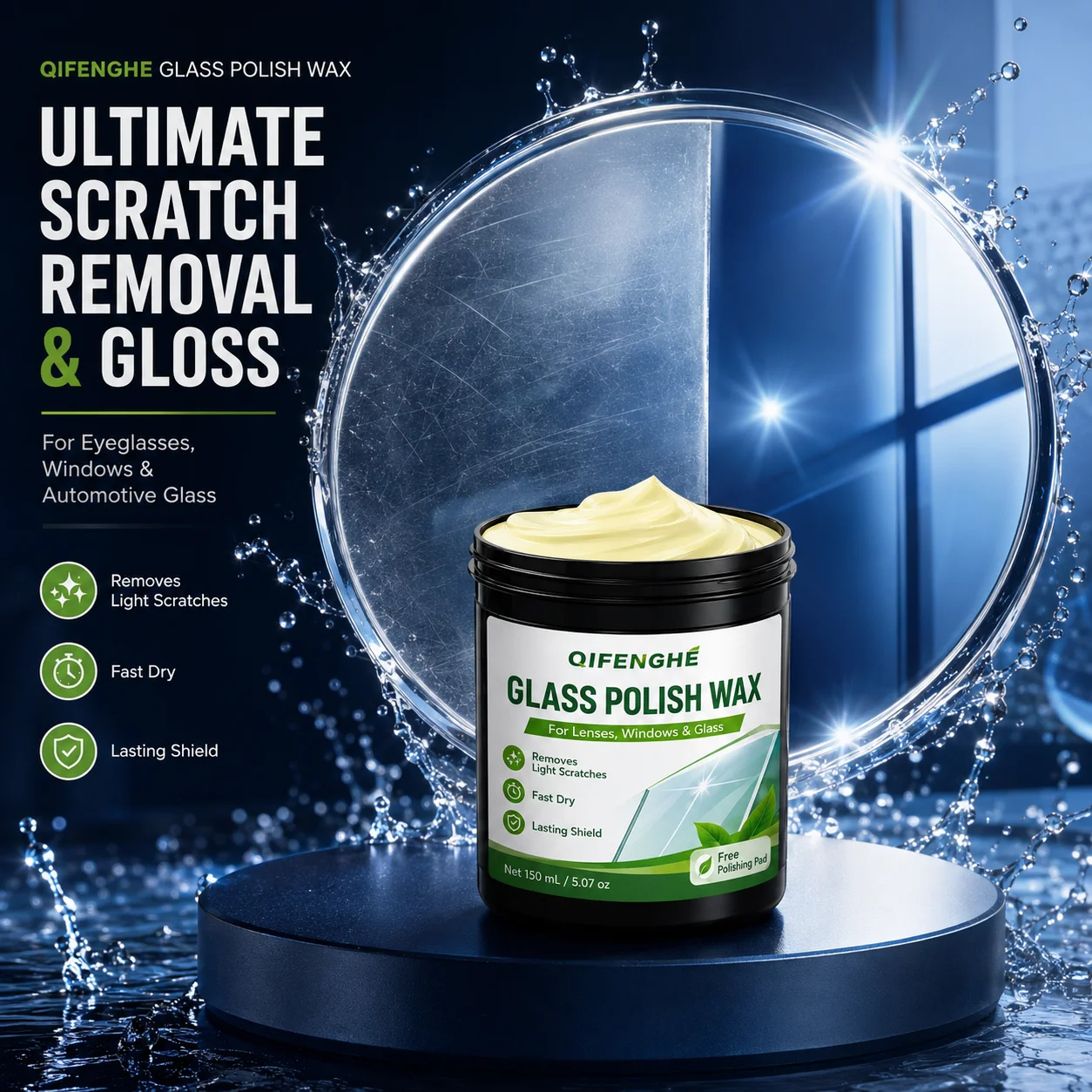 Glass Wax Removes Scratches & Haze, Quick-Dry, Protects Lenses & Auto Glass, 150ml