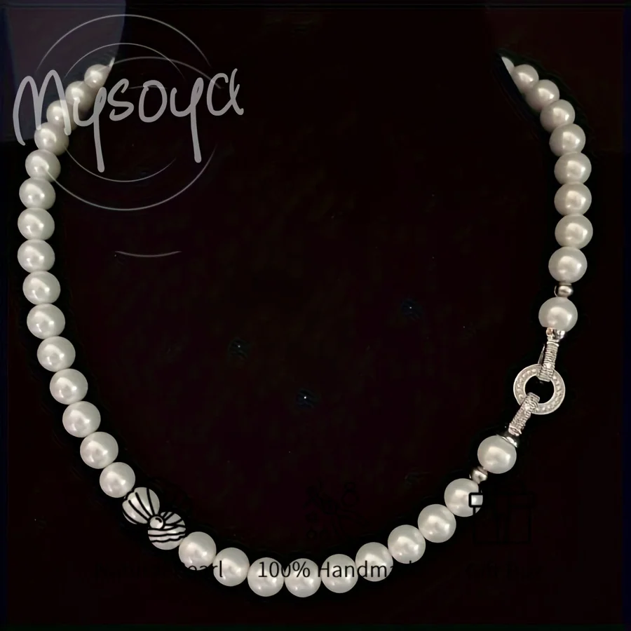 MYSOYA 7-8 مللي متر لؤلؤ المياه العذبة طوق قلادة فضي الماس معلمة مشبك دائري مع صندوق هدية مثالي لعيد ميلاد الزفاف #1