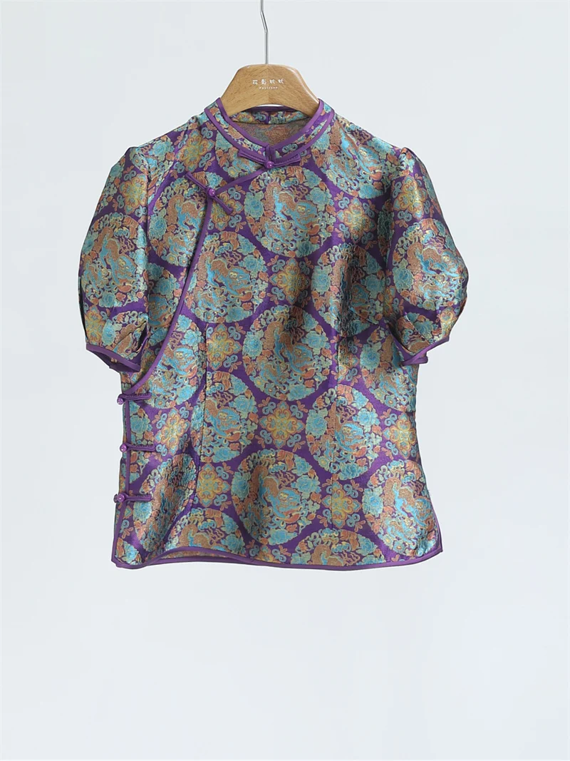 

Princess Sleeve Shirt Chinese Style Embroidered Bamboo Silk Short Sleeve Stand Collar Button down Floral Print Regular Fit Wo...