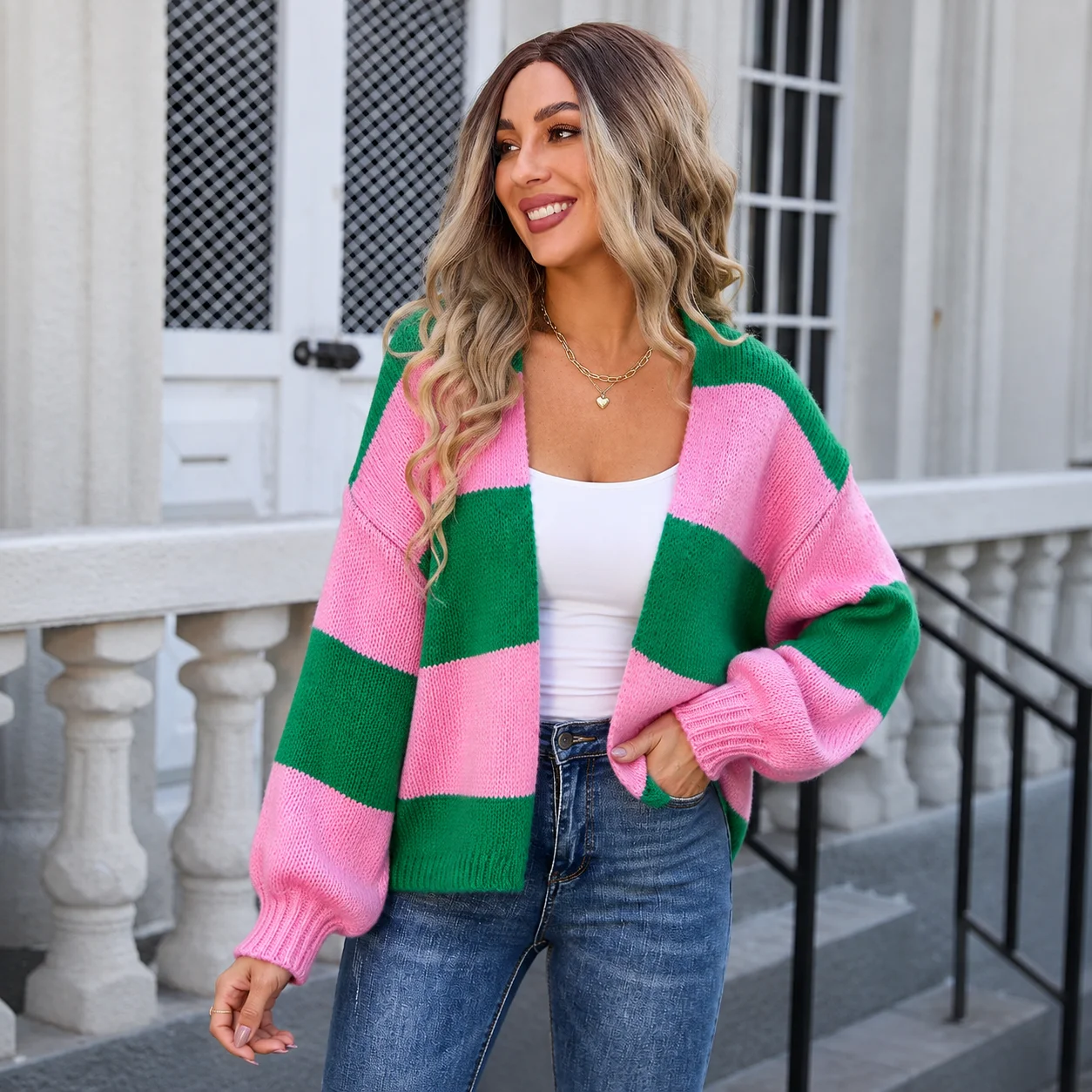 EOENKKY Women Color Block Knit Cardigan Sweater Oversized Open Front Long Sleeve Loose Fit Casual Spring Streetwear