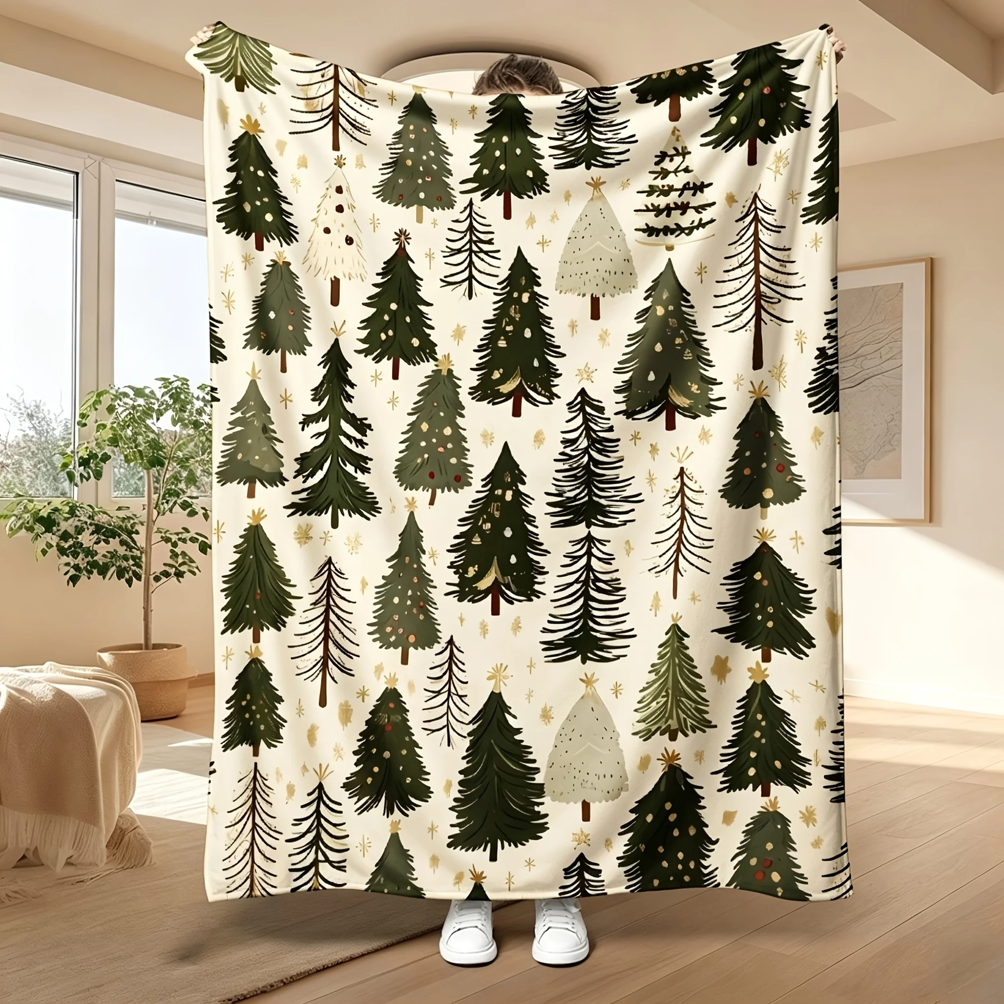 1pc Fluffy Throw Blanket, 2D Flat Cream Background Various Christmas Tree Gold Star Print, Warm Blanket for Sofa Bedroom