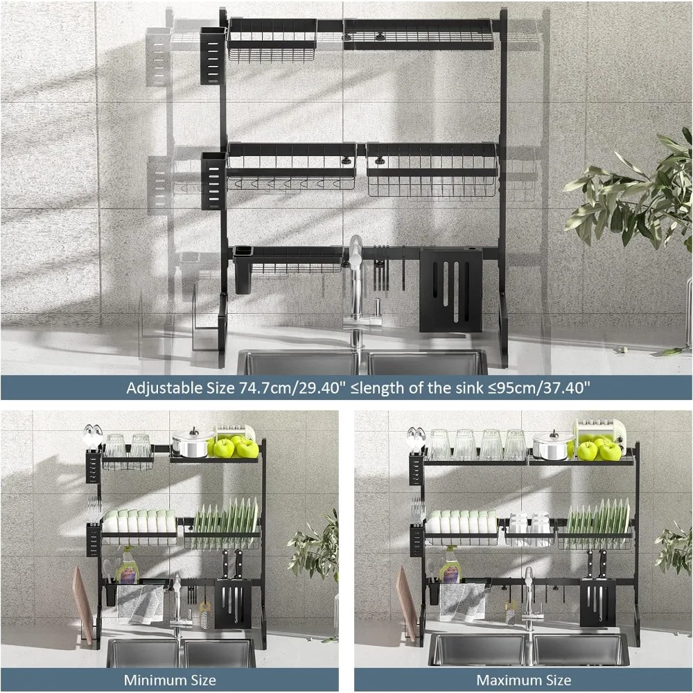 

TOOLF Over The Sink Dish Drying Rack Adjustable LengthHeight 3 Tier Large Capacity Dish Rack Sink Organize Stand Shelf