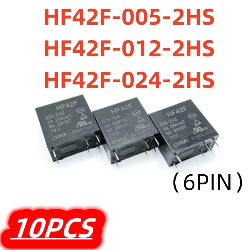 10Pcs/Lot HF42F-005 HF42F-012 HF42F-024-2HS Power Relay JZC-42F 5A250VAC 6PIN 2 Group Normally Open