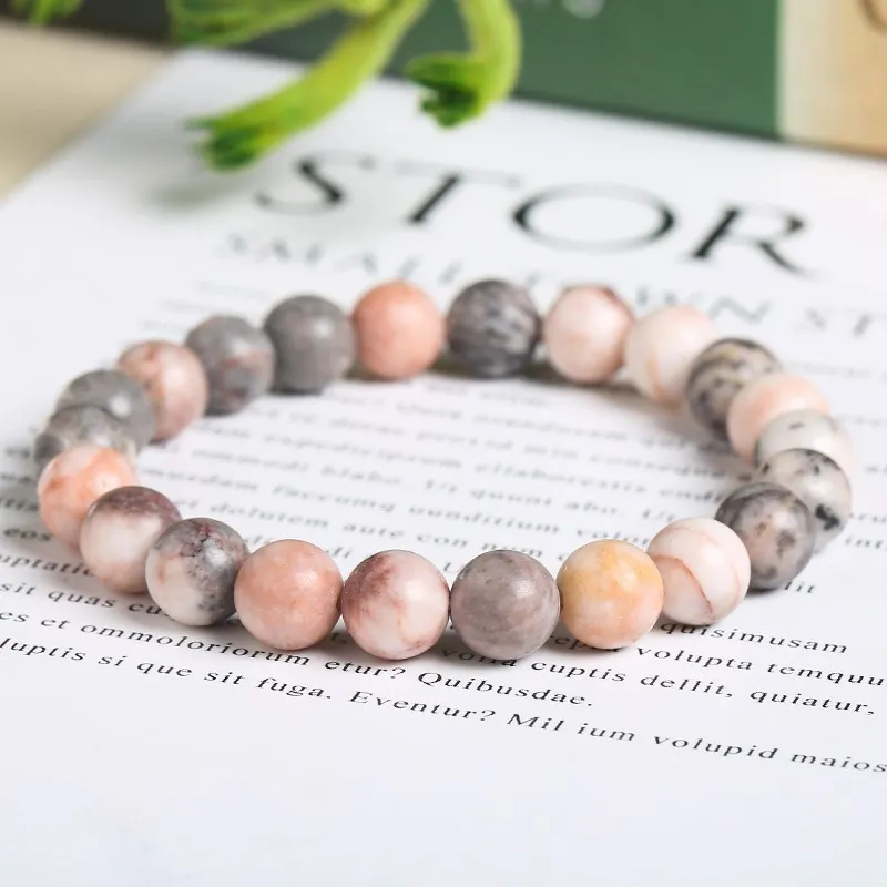 JD Natural Pink Zebra Jaspers Stone Beads Bracelet Handmade Yoga Healing Wristband Jewelry for Women Men Friendship Gifts