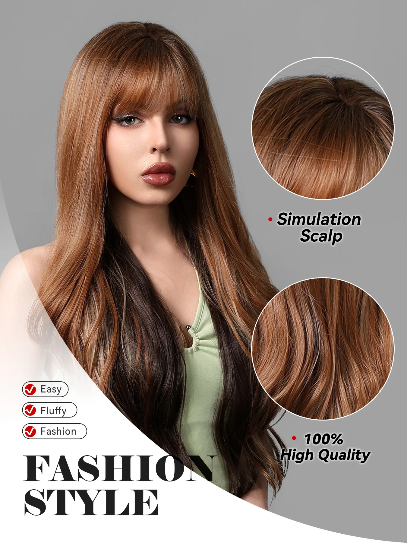 ALAN EATON Long Mixed Blonde Brown Synthetic Wig Layered Natural Wavy Wigs with Bangs for Women Heat Resistant Soft Fiber Hair