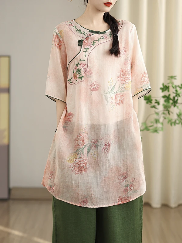 ชุดเดรสผ้าฝ้ายลินินปักลายศิลปะ ทรงเอ ไซส์ใหญ่ กระดุมเฉียง คอกลม แขนยาว ความยาวปานกลาง สไตล์ชุดน้ำชา