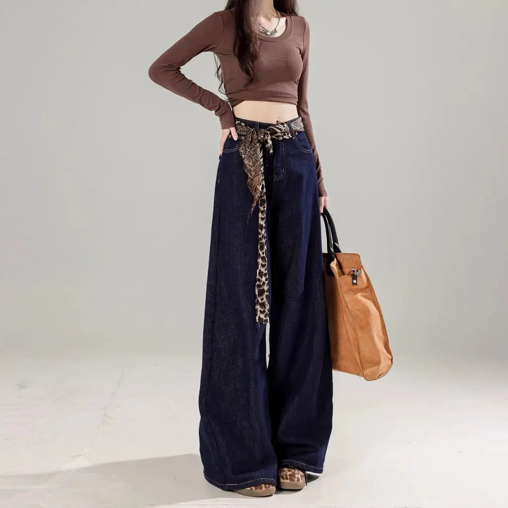 Damskie dżinsy Tannin w kolorze ciemnoniebieskim z szerokimi nogawkami, z wysokim stanem, o prostym kroju, luźne, zwiewne spodnie na wiosnę i jesień.