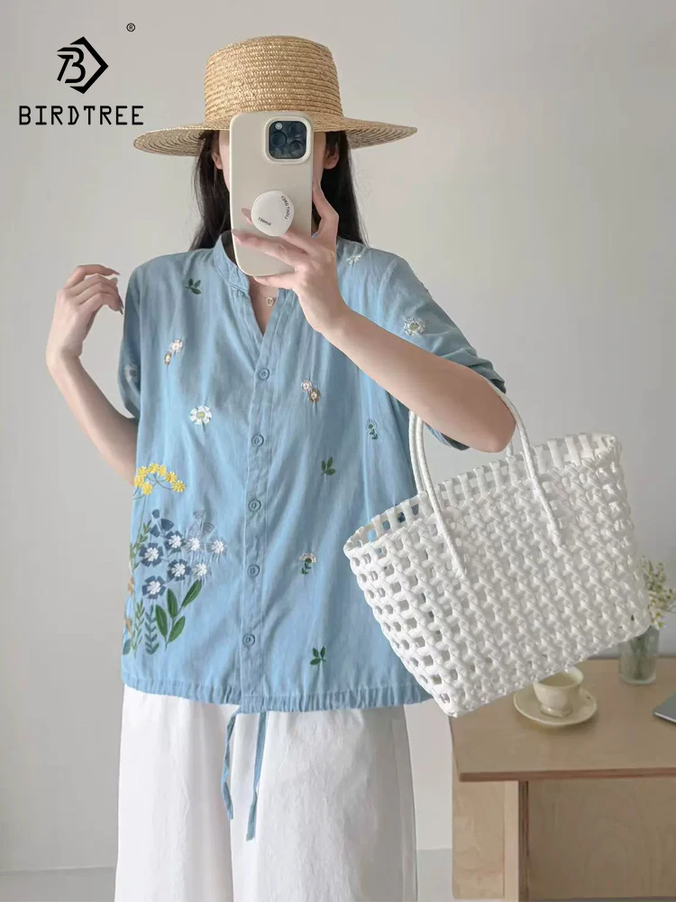 

New 2025 Summer Short Sleeve Denim Shirt, Women V Neck Embroidery, Mori Girl French Retro Commute Casual Loose Blouse T56457CC