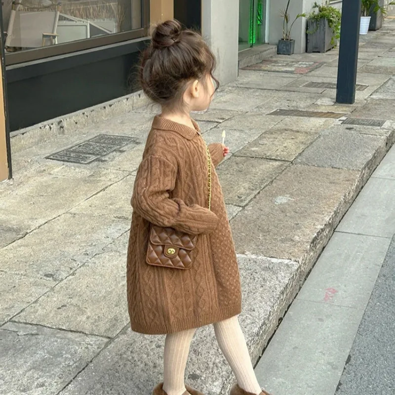 Korean Kids Pop Sweater Dress Autumn Winter New Girls Sweater Long Style Solid Color Versatile Woolen Knit Dress For 2-8 Years