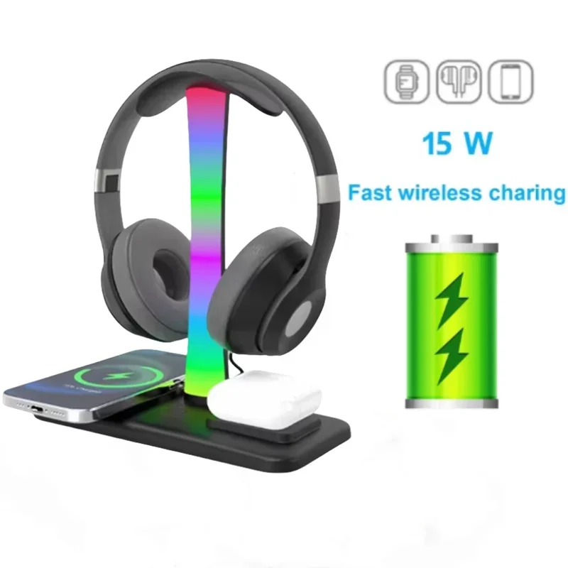 Headphone Stand LED Headphone Holder 4 in 1 Suporte Headset Station Dock with 15W Wireless Charger for Ios Watch AirPods Max/Pro