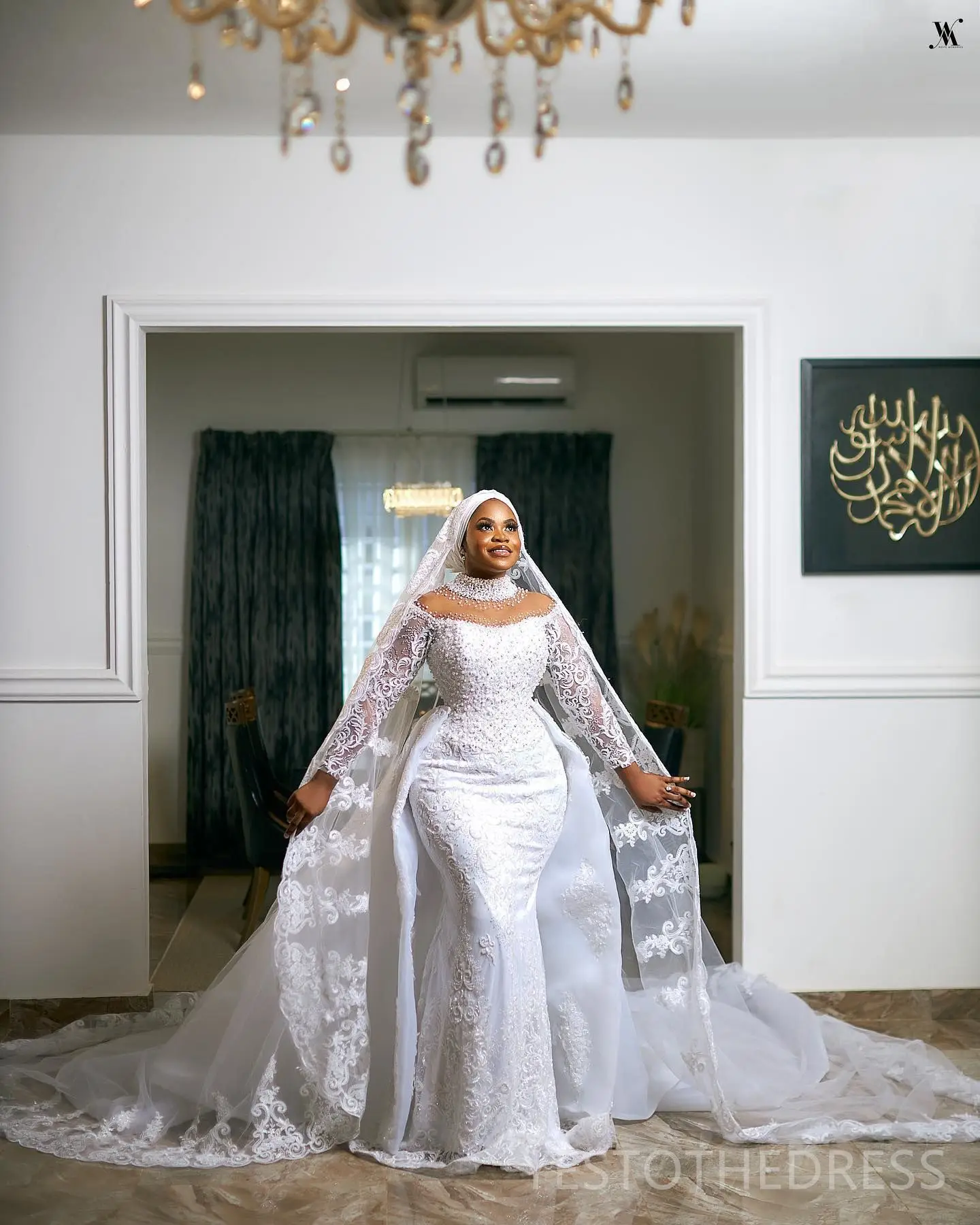 EVLAST ที่กำหนดเองแอฟริกันชุดแต่งงานนางเงือกคอสูงแขนยาวลูกปัดลูกไม้แอพพลิเคชันชุดเจ้าสาวเดรส เดอ โนเวีย E3W31