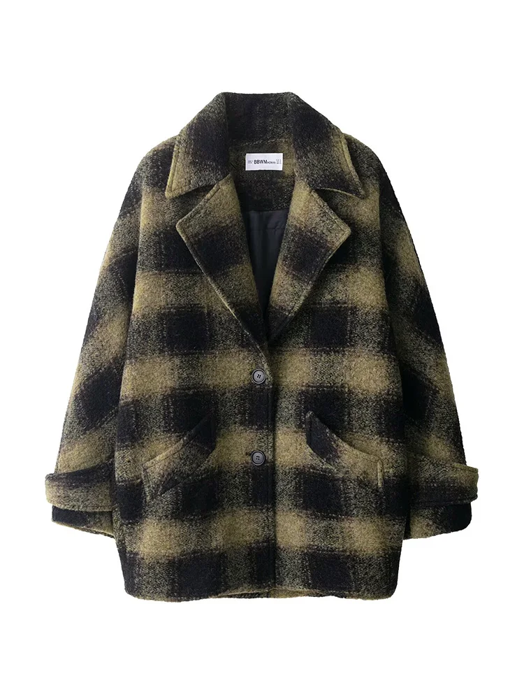 

HH Autumn Winter Women Fashion Lapel Plaid Pockets Coat Female Simple Temperament Warm Streetwear Single-breasted Jacket Mujer