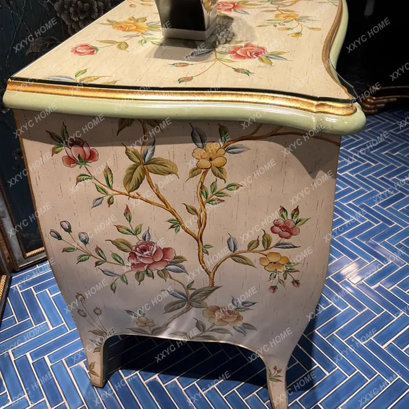 Chest cabinet luxury court style solid wood dining side cabinet old hand-painted smell bird flower dresser cabinet
