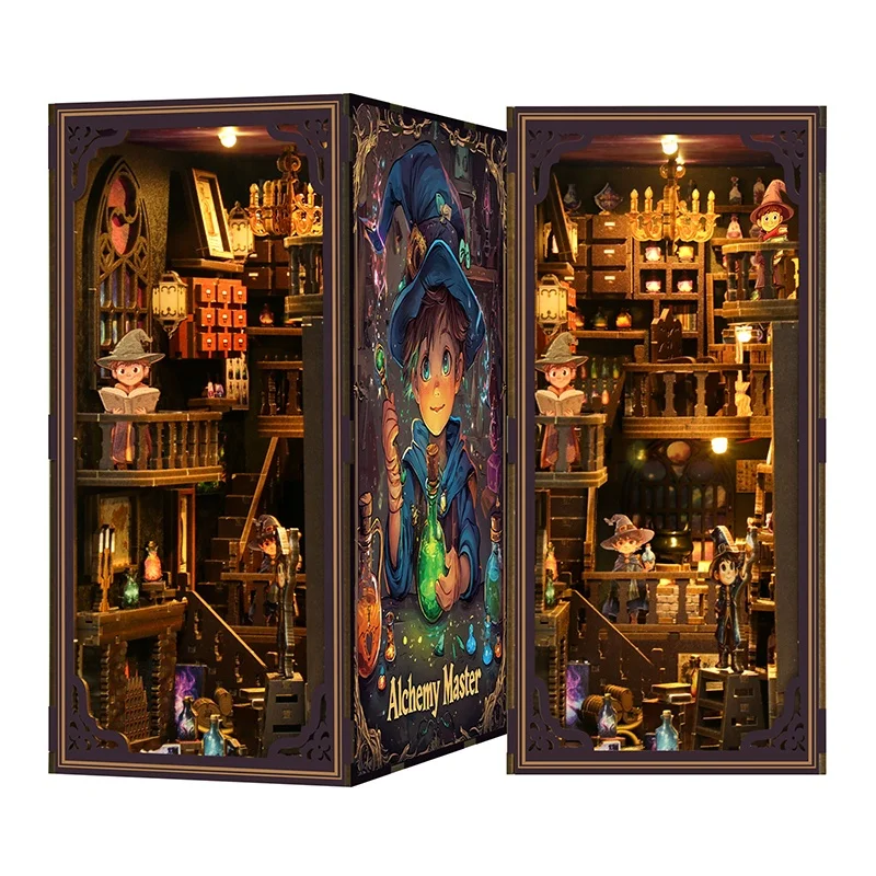 NOWOŚĆ DIY Book Nook Półka Zestawy wkładek Alchemy Master Półka na książki Drewniane miniaturowe zestawy modeli Ręcznie robione podpórki do książek Przyjaciele Prezenty urodzinowe