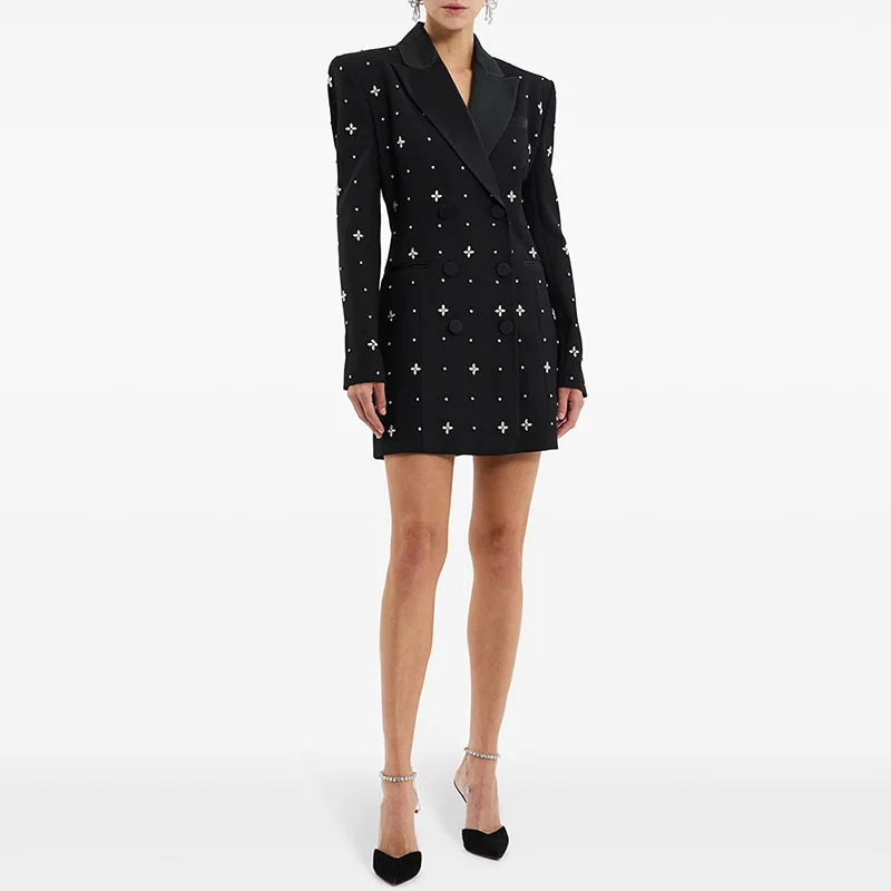 LEOSOXSNew Fashionable And Stylish Commuting Heavy Industry Nail Bead Inlaid Diamond Long Sleeved Suit Skirt Slim Fit Short Dres