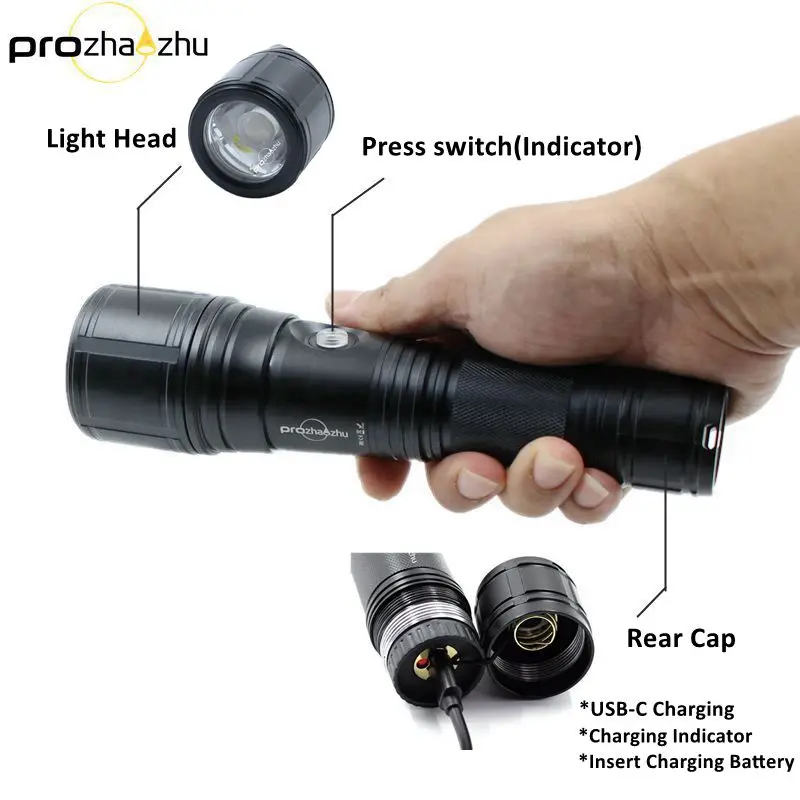 High Power XHP50 LED Diving Flashlight Focus ZOOM 2500 Lumen IP68 100M 26650 USB-C Charging Handheld Dive Lights