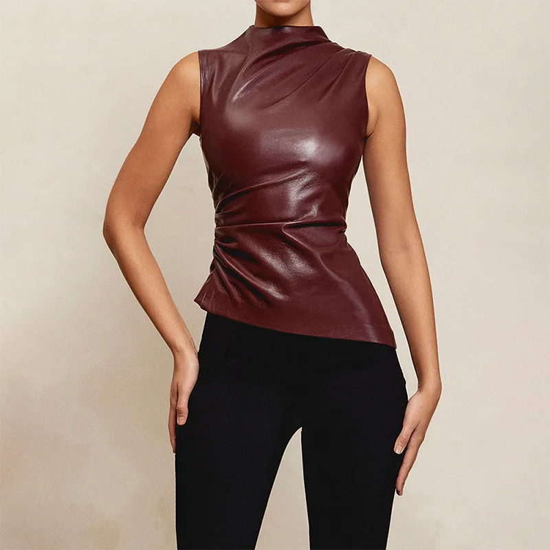 

Women's casual street wear for spring and summer, leather vest, stand up collar, sleeveless, asymmetrical pleated waist