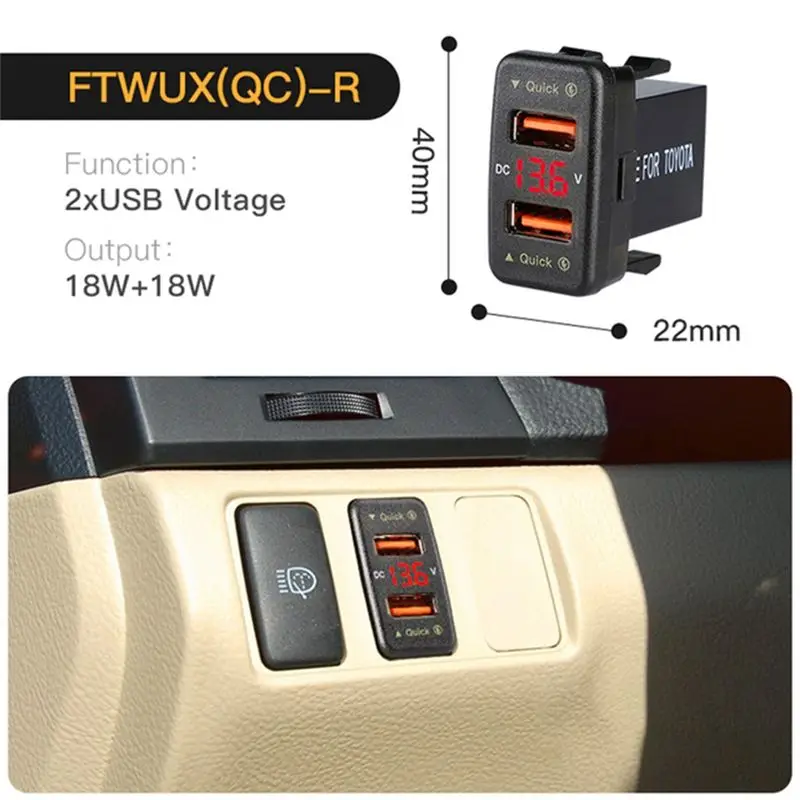 Rare 2X 36W Fast Car QC3.0 Dual USB Fast With Red Voltage Waterproof Mobile Phone For Toyota view 6