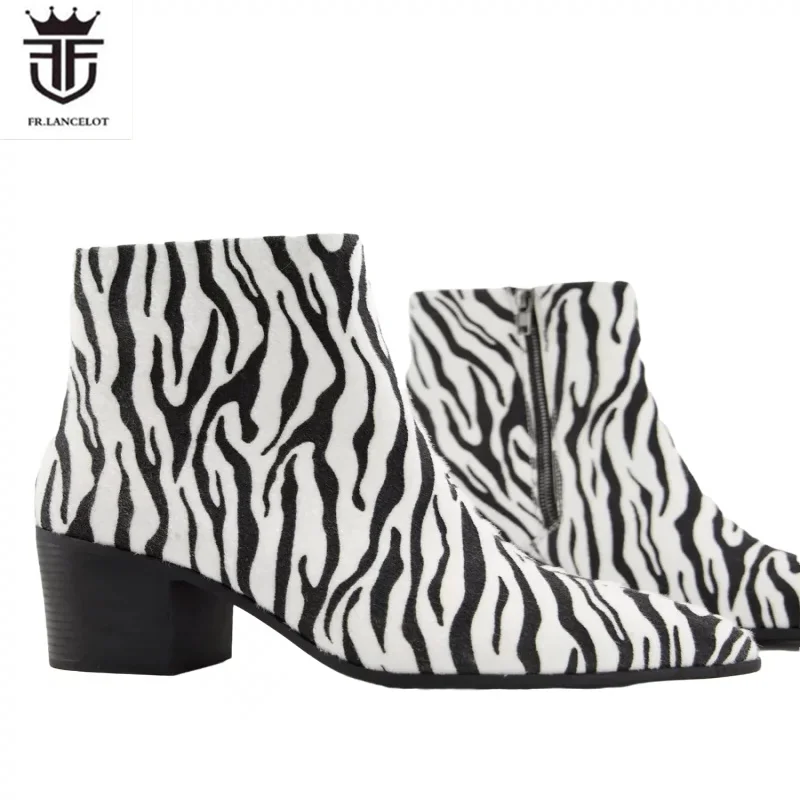 2024 Fashion Zebra Print Leather men Boots Men Suede leather Booties Men\'s Mujer Botas Side Metal Zip Party Wedding shoes