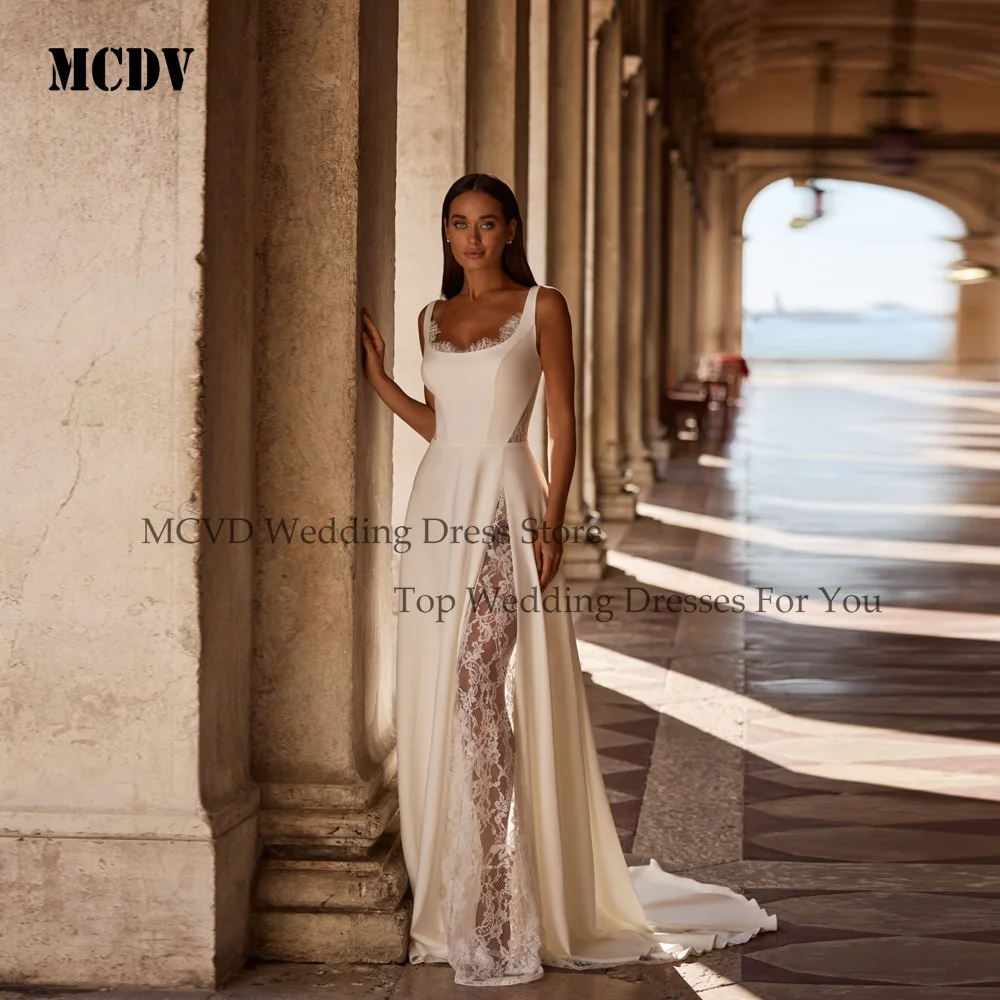 

MCDV Satin Wedding Dresses Applique Spaghetti Straps Bride Prom Dresses A-Line Ball Gowns with Slit vestidos de novia Customized