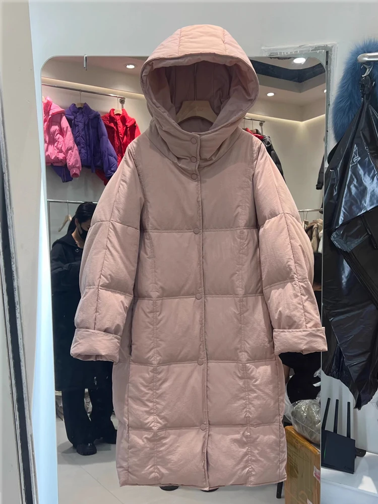 

2025 Winter New Down Jacket Women's Hooded Long Style Over Knee Loose Thickened Straight Tube Warm White Duck Down Coat