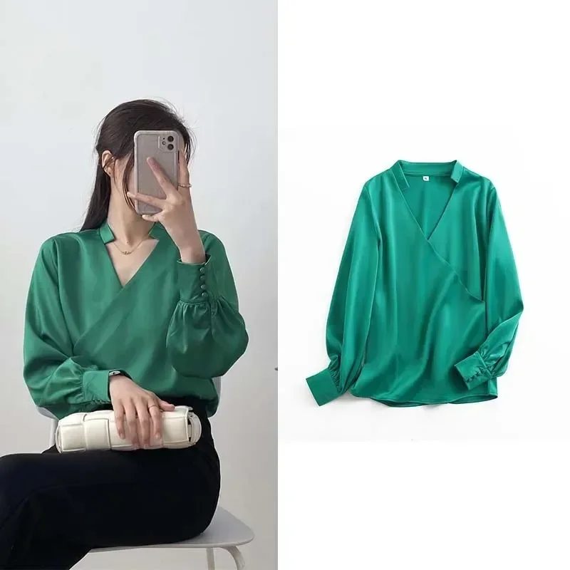 

Solid Blouses for Lady V-neck Puff Sleeve Blouse Elegant Women's Luxury Blouses Autumn Women's Shirt Vintage Y2K Tops