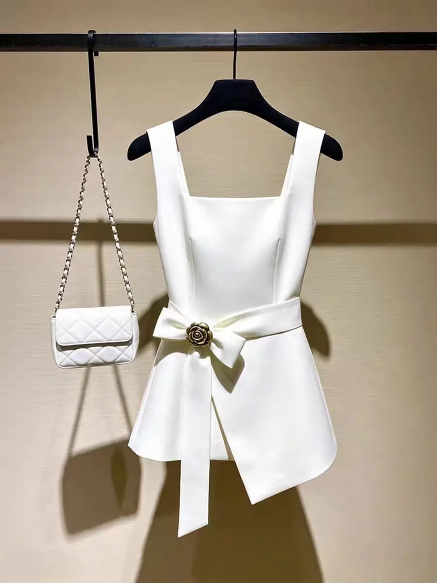 Korean Style Summer New Women's Sleeveless Square Collar  Knot Top Luxury Design Breathable Outerwear Casual Office ...