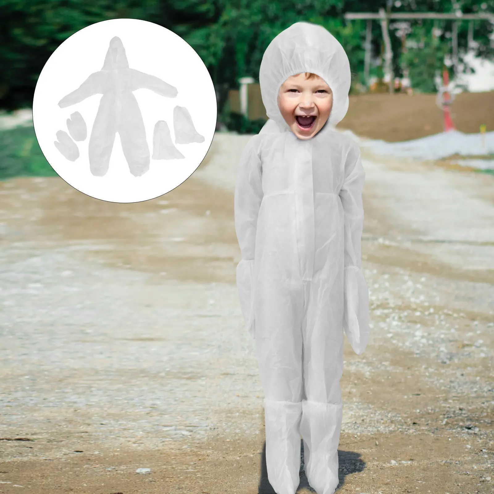 

Disposable Kids Protective Coverall White One-Piece Coat Size S Nonwoven Breathable with Glove Shoe Cover for Outdoor Use