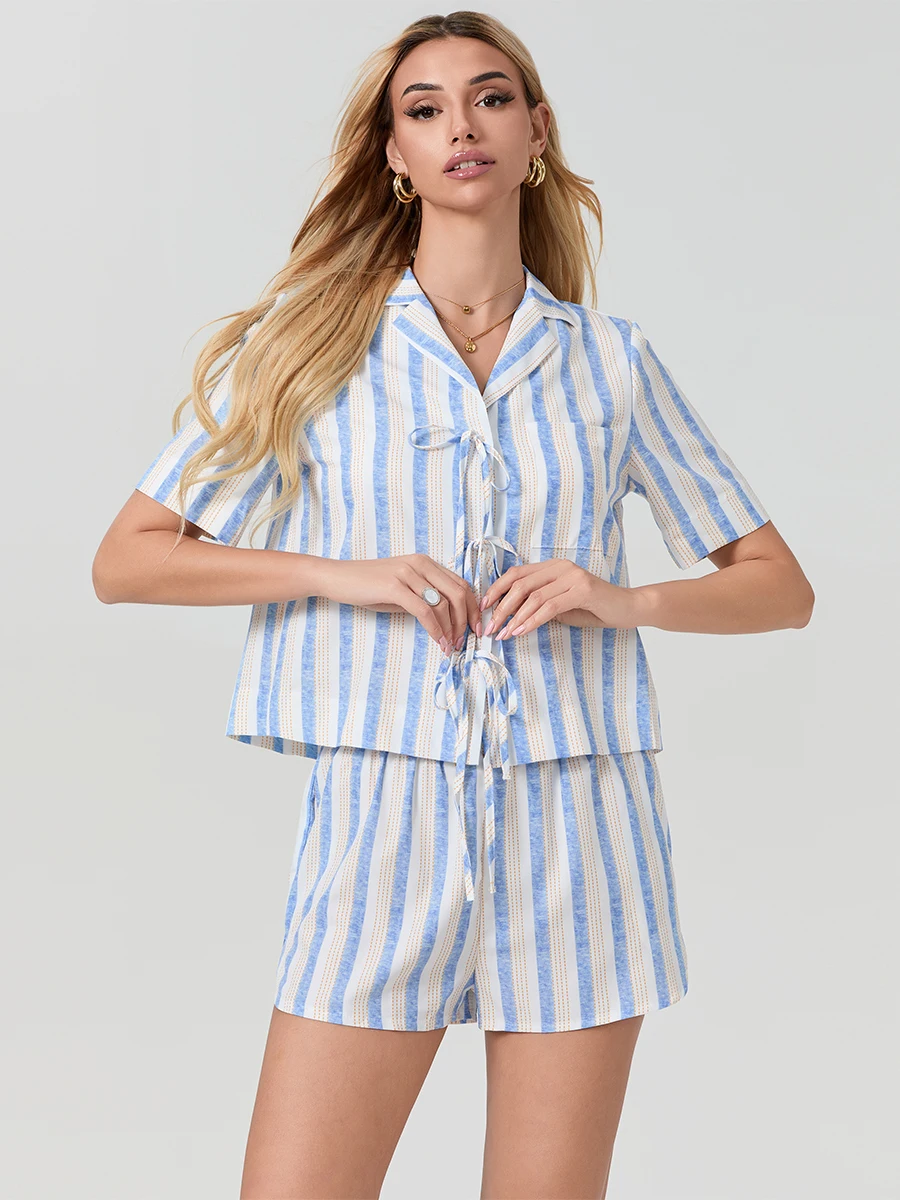 wsevypo Women's 2 Piece Beach Outfits Solid/Striped Short Sleeve Lapel Neck Tie Up Shirts+Elastic Band Shorts Lounge Streetwear