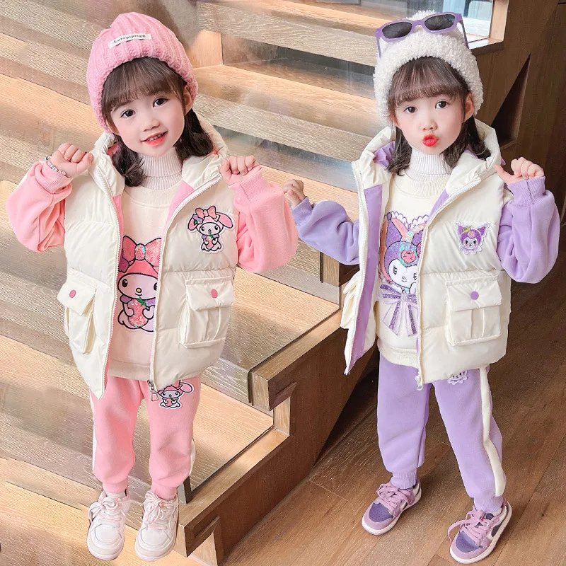 Sanrios My Melody Kuromi Cinnamoroll Girl Fleece Suit Autumn Winter Kids Clothing Vest Baby Thickened Sweatshirt Three-Piece Set