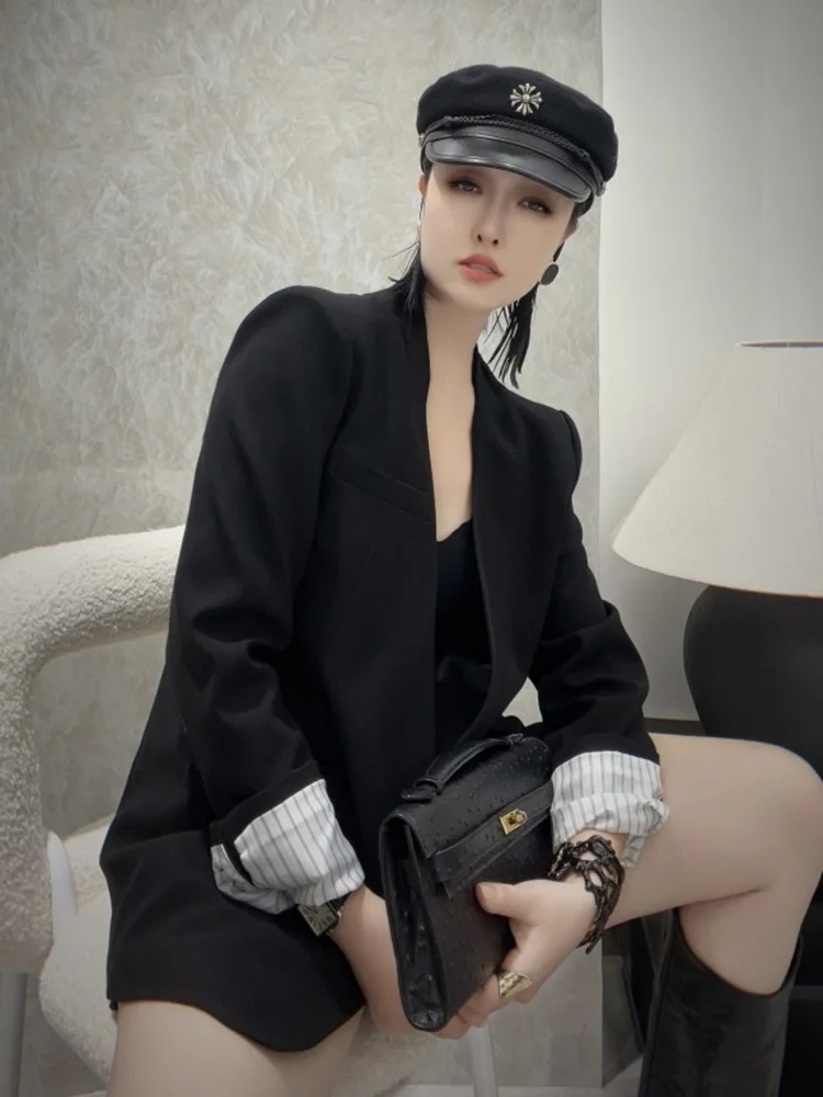 

Премиум-пальто из шерстяного твида для женщин, осенне-зимнее, для работы, в полоску, с V-образным вырезом, длинными рукавами, цветное