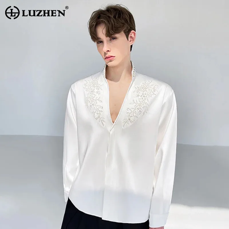 

LUZHEN рубашки с цветочной вышивкой и длинным рукавом с v-образным вырезом, мужские рубашки 2025, новая однотонная роскошная повседневная одежда высокого качества JY3274